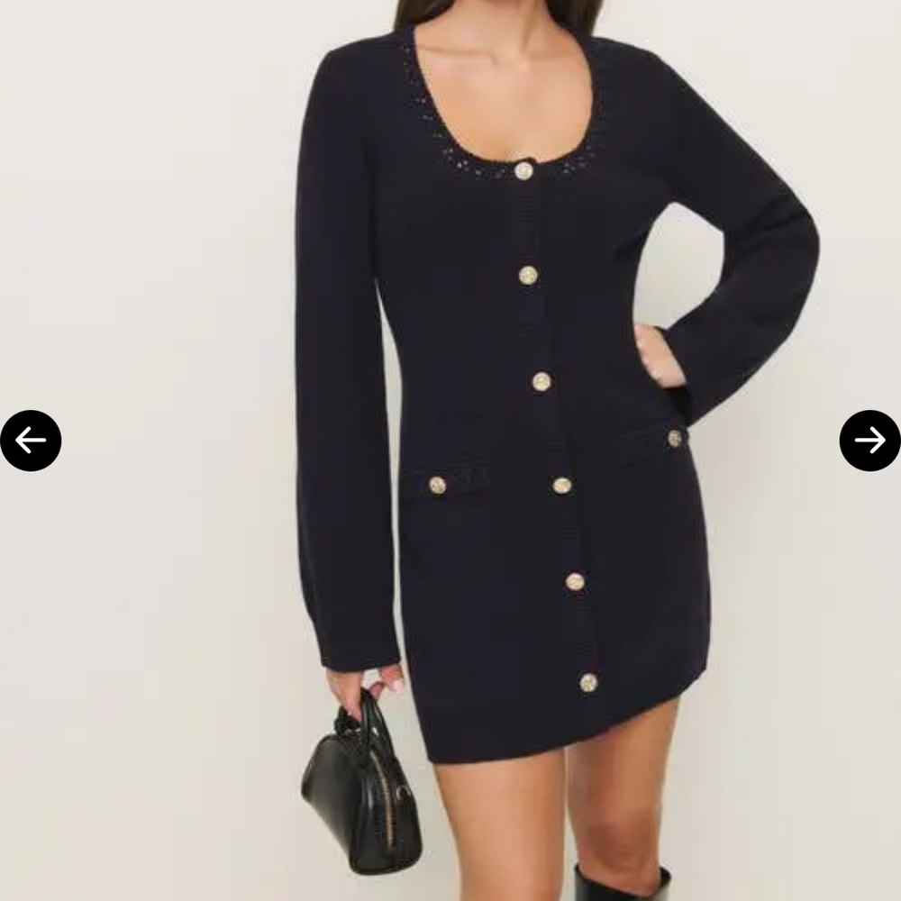 Reformation Navy Sweater Dress with Gold Buttons